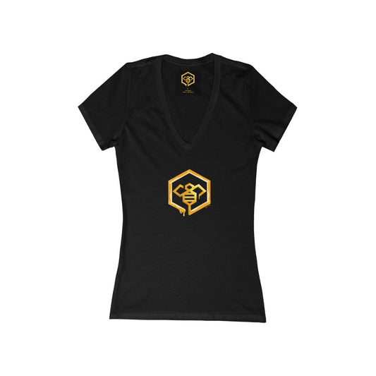 Social BEES University - Camiseta de jersey de manga corta con cuello en V profundo para mujer