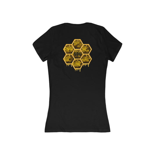 Social BEES University - Camiseta de jersey de manga corta con cuello en V profundo para mujer